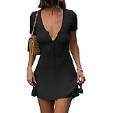GCZREN Women Sexy Deep V Neck Button Front Knit Mini Dress Elegant Short Sleeve Ribbed Flowy Hem A-Line Short Dress