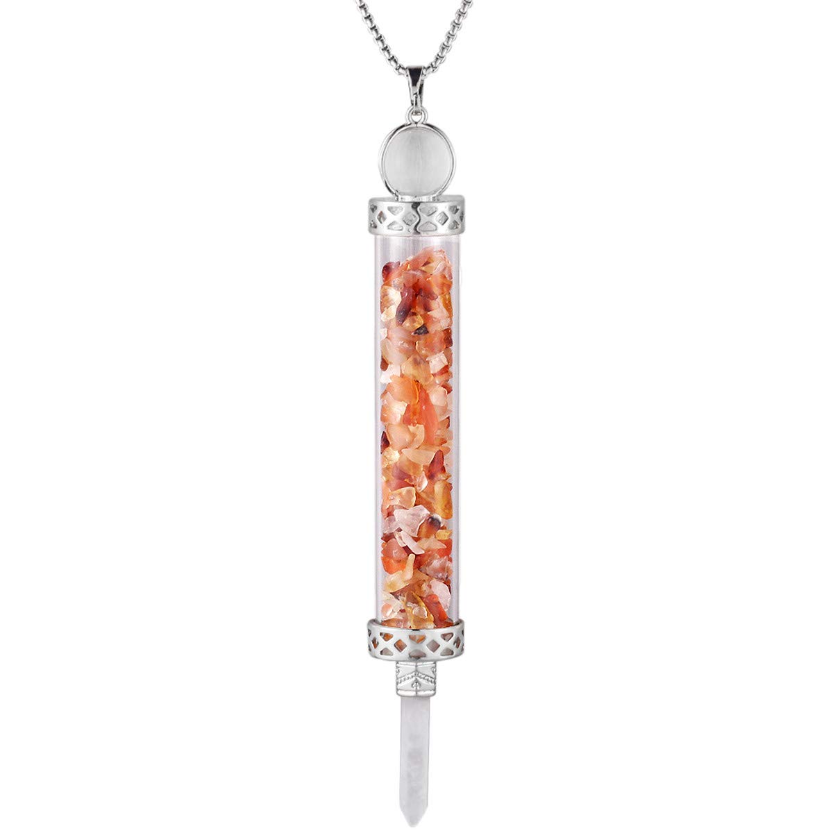 Nupuyai Carnelian Crystal Quartz Point Wand Pendant Necklace for Women Men, Handmade Wishing Bottle Pendant with Chain 50cm