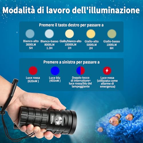 Sursnong SR 10000 Lumens Diving Video Torch - Professional Diving Flashlight with 95 CRI, 6500K White Light, for Diving/Underwater Photography/Videography (IP68 Waterproof, 120m Depth)