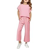 APWEQATA Girls Outfits Drop Sleeve Shirts & Drawstring Wide Leg Pants Sets Lightweight Kids Sweatsuits With Pockets Size 5-14