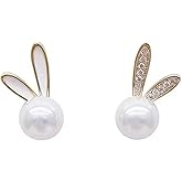 MALOYANVE Bunny Pearl Earrings for Women Cute Sparkly Lightweight Sterling Silver Statement Heart Rhinestone Rabbit Stud Earrings Easter Lover Party Birthday Jewelry Gift