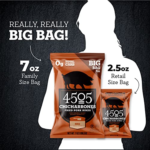 4505 Meats BBQ Seasoned Chicharrones, Fried Pork Rinds, Keto Certified, Family Size Bag, 14