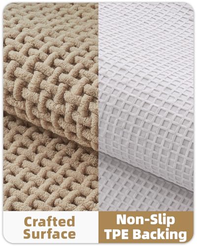 Color&Geometry Beige Chenille Bathroom Rugs 44x75 cm- Non Slip, Absorbent, Quick Dry, Washable Bathmat Fit Under Door, Thin Bath Mats for Washroom Floor, Woven Shower Mat Outside Shower