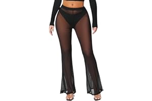 MANJIAMEI Wide Leg Mesh Trousers for Women See Through Beach Cover up Trousers Black High Waisted Sheer Transparent Flared Pa