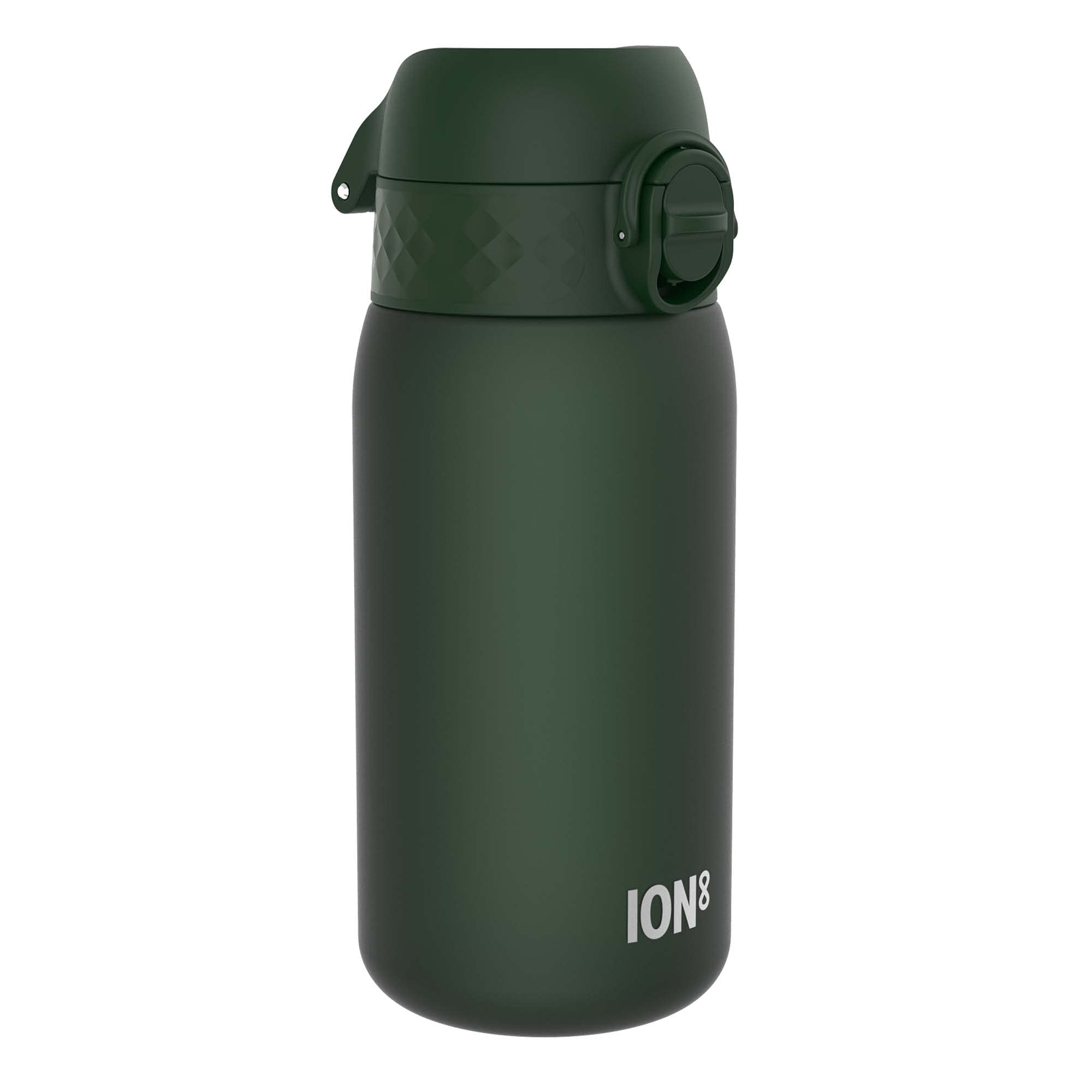 Ion8 Kids Water Bottle, 350 ml/12 oz, Leak Proof, Easy to Open, Secure Lock, Dishwasher Safe, BPA Free, Carry Handle, Hygienic Flip Cover, Easy Clean, Odour Free, Carbon Neutral, Dark Green