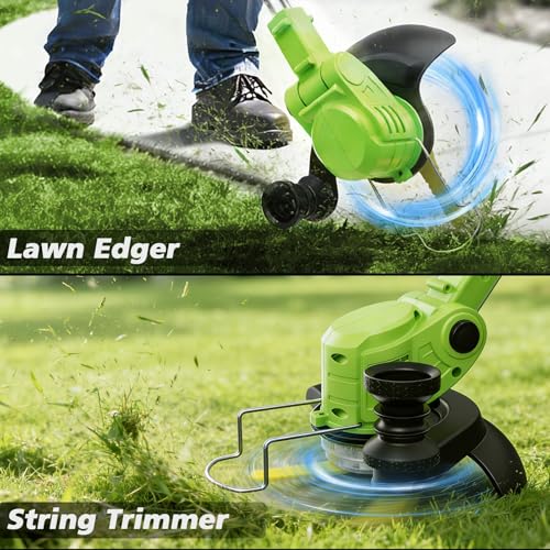 Electric Weed Wacker Cordless, 21V Weed Cordless Eater with 2 Batteries and 3 Types Blades, 3 in 1 Brush Cutter/Grass Trimmer/Lawn Edger for Garden Yard (Green)