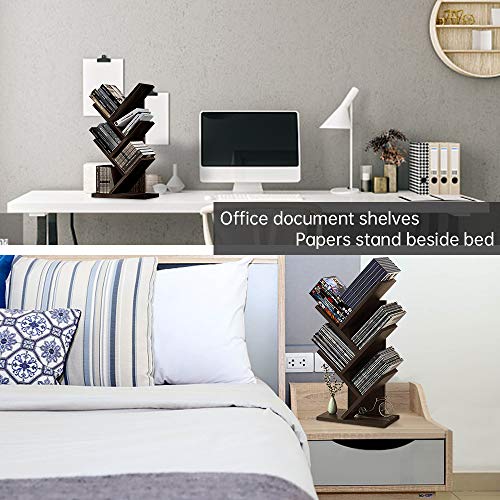 Tree Bookshelf, Bookcase 4 Tier Free Standing Wood Book Rack Display Organizer Shelves Space-Saving Use for CDs /Albums / Books in Living Room Office (Walnut)
