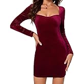 HANDAFA Velvet Dress for Women Square Neck Short Dress Long Sleeve Cocktail Dress for Wedding Party