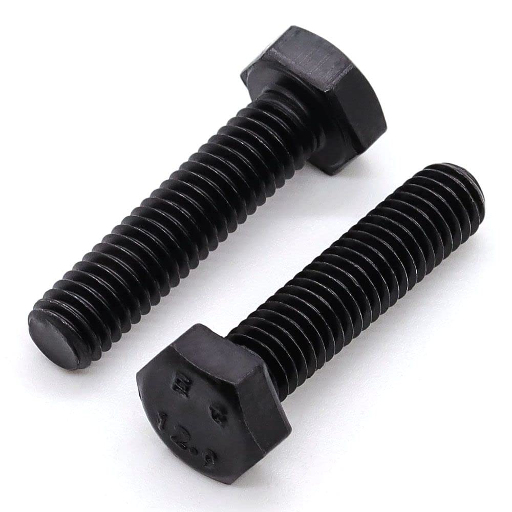 M12-1.75 x 20mm Black Hex Bolt, 12.9 Grade Alloy Steel, Black Oxide Finish, Full Thread, Coarse Thread UNC, 8 Pcs