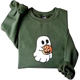 Embroidered Ghost Halloween Sweatshirt, Funny Fall Shirt for Women, Ghost Pumpkin, Halloween Sweatshirt - Military Green - S