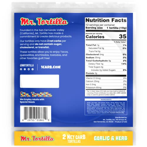MR. TORTILLA LOW CARB KETO SOFT TACO SHELLS, VEGAN, QUESADILLAS, BURRITOS, HEATHY BREAD ALTERNATIVE, 2 NET CARBS, DELICIOUS SMALL BATCH KOSHER WRAPS – (GARLIC & HERB, 12 COUNT)