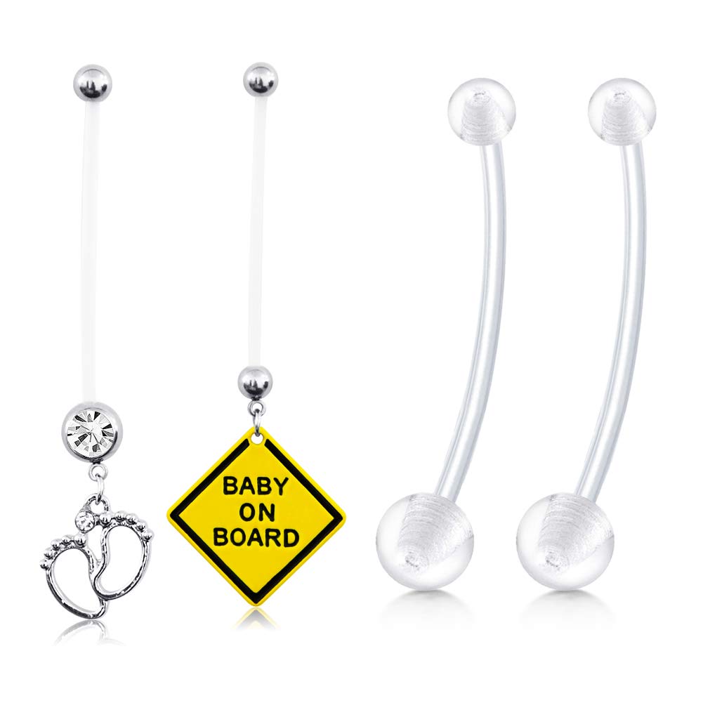 Briana Williams 4pcs Clear Flexible Pregnancy Maternity Belly Button Ring Navel Bars PTFE 14Gauge 38mm Piercing Jewellery