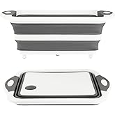 GuanBoXin Collapsible BBQ Prep Tub/Cutting Board 10L, Foldable Dish Tub with Colander, Portable Camping Sink, Multifunction Dishing Basin Bucket Wash Tub for Kitchen Fruit Vegetable Picnic (Gray)
