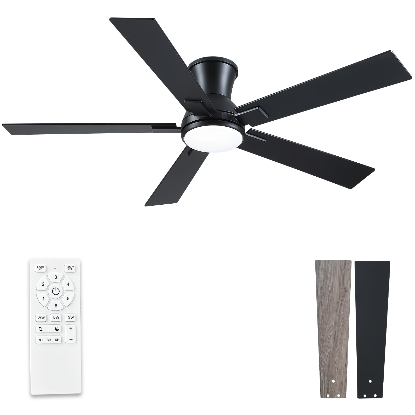 Photo 1 of 52 Inch Black Flush Mount Ceiling Fan with Light, 3CCT Dimmable LED, 6-Speed Remote Control, Reversible Motor,Quiet Low Profile Energy-Efficient for Bedroom & Living Room,ETL Listed