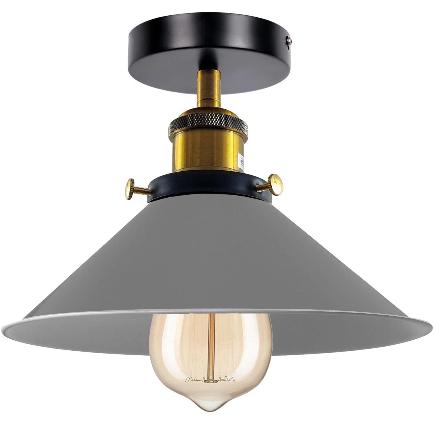 LEDSone Industrial Semi Flush Ceiling Light E27 Vintage Metal Cone Shade 22cm Grey Ceiling Lamp for Kitchen Hallway Bedroom Living Room with Bulb