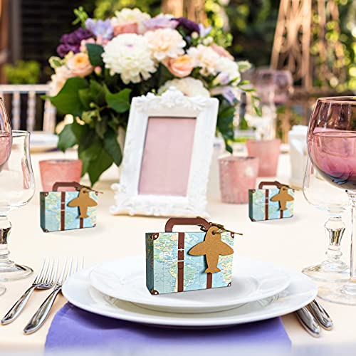 CHolic 50Pcs Party Favor Candy Box, World Map Mini Suitcase Favor Box, Vintage Kraft Paper with Tags and Burlap Twine for Travel Themed Party, Bridal Shower, Wedding Decorations