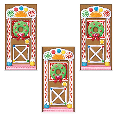 Beistle Gingerbread House Door Covers, 5’ x 30”, 3 Pieces – Magical Festive Winter Holiday Decor - Plastic for Indoor and Outdoor Use - Easily Display - Vibrant Candy Theme Christmas Decorations