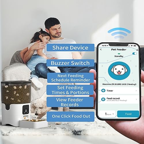 Dispensador de Alimento para Perros WiFi, Comedero Automático para Gatos, con Tazón de Acero Inoxidable, para Perro o Gato, Grabación de voz de 10 Segundos, Control Remoto, Alimentación Automática(6L)