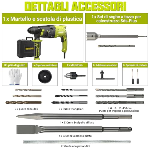 DEWINNER Hammer Punch 1100 W 3.4 J, 0-1500 RPM/5500 BPM with 4 Functions and Safety Clutch, 20 Accessories Including Concrete Hole Saws, Variable Speed, Concrete, Steel, Wood