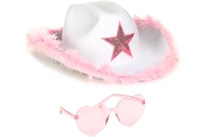 Funcredible White Cowboy Hat and Glasses - Fluffy Cowgirl Hat with Star for Girls - Halloween Accessories for Women
