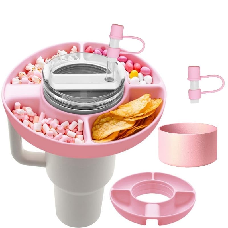 BAG.IT Snack Tray for Stanley Cup 40oz | 4 Silicon Compartments Tray Stanleys Accessories kit, Bottom Grip & Straw Cover Caps, Fits 40 oz Quencher H2.0 Cup - Stanley Compatible Snack Bowl (Pink)