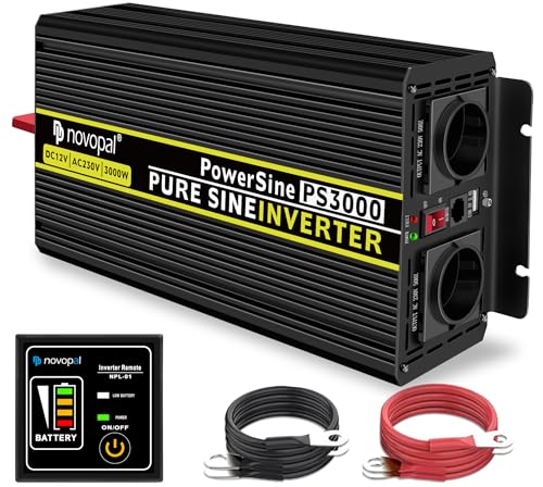 NOVOPAL 3000W Pure Sine Converter 12V 220V 230V Inverter Transformer, 2 EU AC Sockets, 1USB, 5M Remote Control, Suitable for Trucks, Camping, Travel, Cars, Peak Power 6000W
