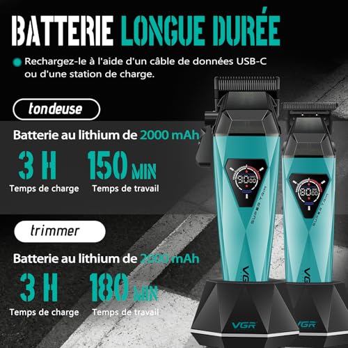 VGR 877S3 Professional Men's Hair Clipper Set, Titanium Coated Cordless Shaver, Trimmer Finish Set with 8000/9000 RPM Motor, Men's Hair Styling Kit with Charging Station, LED Display, Green