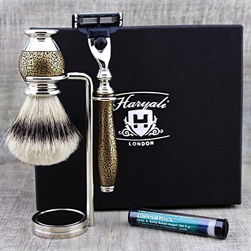 Gold Antique Shaving Set With Silver Tip Badger Hair Brush, Triple Edge Cartridge Razor & Stand For both + FREE Alum Stick. Perfect Kit