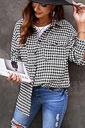 Womens Houndstooth Shacket Jacket Fall Long Sleeve
