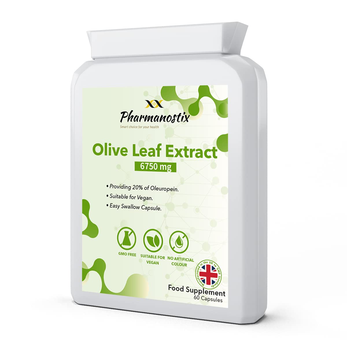 Pharmanostix Olive Leaf Extract Supplement 60 Vegan Capsules (not Tablets) - Whole Leaf 6750mg with 20% Active Oleuropein - Easy Swallow Capsules - UK Manufactured to GMP Standards