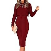 Ezbelle Women's Long Sleeve Sweater Dresses 2 Piece Outfits Sets Ribbed Knit Crop Tops and Tank Bodycon Midi Dress