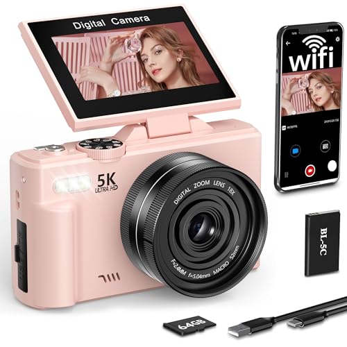 FLATIC Digital Camera, 5K 75MP Cameras for Photography with WiFi & 64GB TF Card, Autofoucs Vlogging Camera for YouTube with 180° Flip Screen, Compact Vlog Travel Camera Kit for Beginner, Teens (Pink)