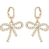 SweYone Pearl Bow Hoop Earrings for Women, Dainty Faux Pearls Drop Earrings, Cute Bowknot Hoops, Lightweight Gold Plated Copper Earring, Gift for Her