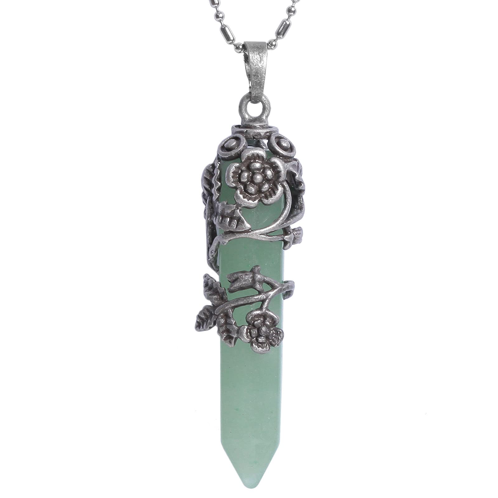 Nupuyai Vintage Flower Green Aventurine Crystal Point Pendant Necklace for Women, Hexagonal Pendulum Reiki Wrap Stone Pendant with Chain