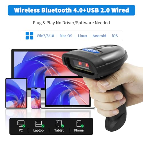 NETUM Escáner de código de barras Bluetooth, compatible con función inalámbrica y Bluetooth 2.4G y conexión por cable, conecta teléfono inteligente, tableta, PC, lector de código de barras (NT-1228BC)