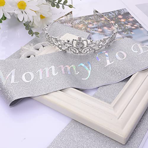Mommy To Be AIEX Mom To Be Baby Shower Decorations, Crown And Sash Mother To Be Sash Baby Shower Boy Sash And Tiara Set For Boys And Girls (Blue Baby Crown
