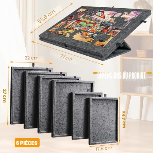 LUPATDY Tilting Puzzle Table, Puzzle Tray for Puzzles up to 1000 Pieces, Portable Puzzle Tray with 6 Felt Drawers with Stand and Lid 2-in-1 (Black)