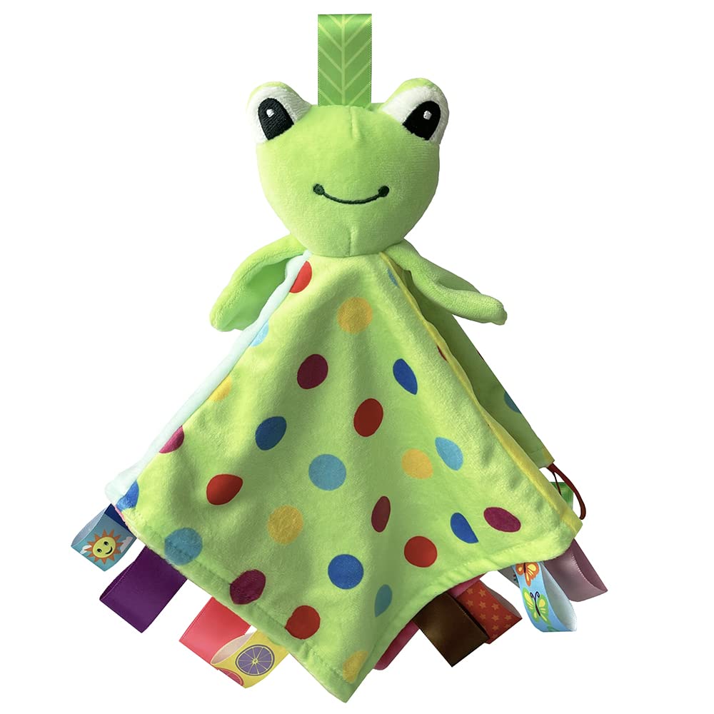 Toddler Taggy Comfort Blanket, Baby Security Blanket Soft Plushy Cuddle Bud Blankie Breathable Snuggle Blanket for Boys and Girls, Built-in Bell, Green Frog