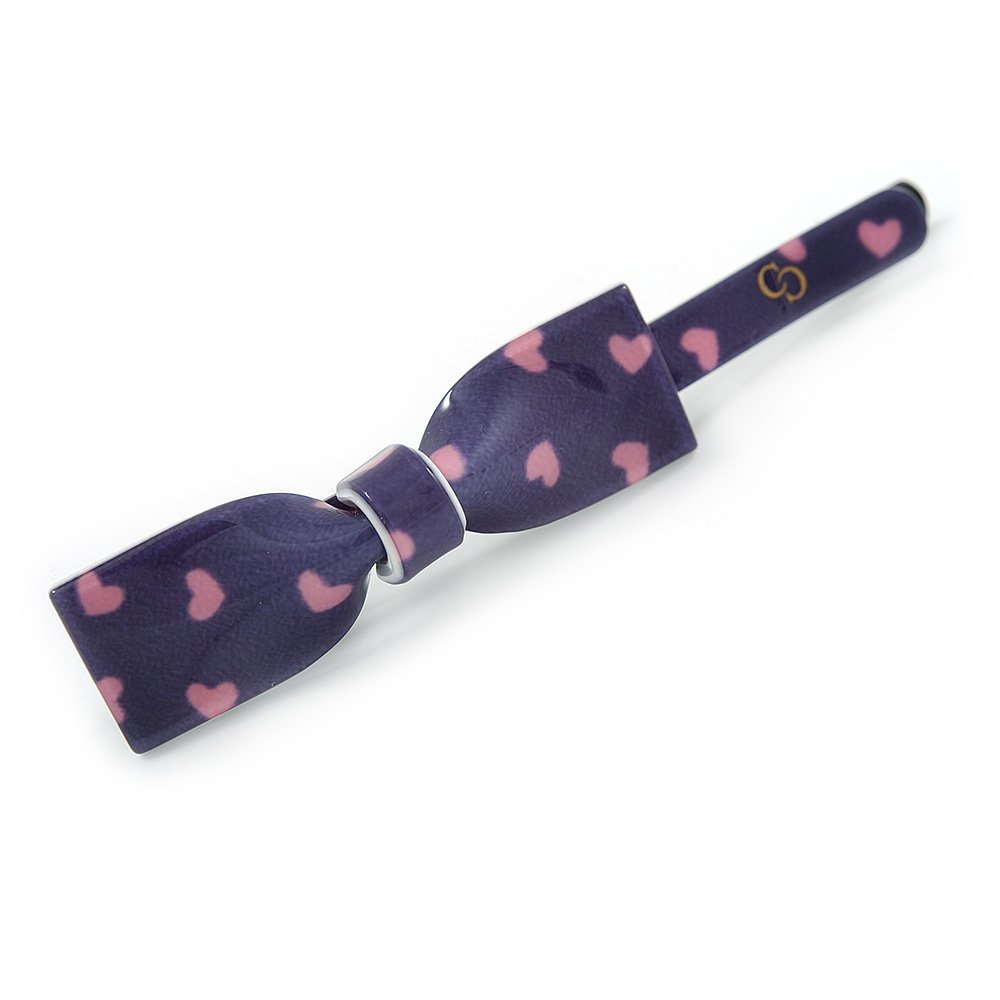 1Pcs Purple with Pink Hearts Acrylic Bow Hair Grip/Slide In Black Tone Metal - 65mm Across