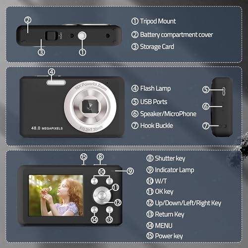 Fotocamera Digitale, HD 1080P con Scheda di Memoria da 32 GB, Fotocamera da 48 Megapixel, LCD da 2,4 Pollici con Zoom Digitale 16x per Ragazze, Adolescenti, Ragazzi e Principianti (Nero)