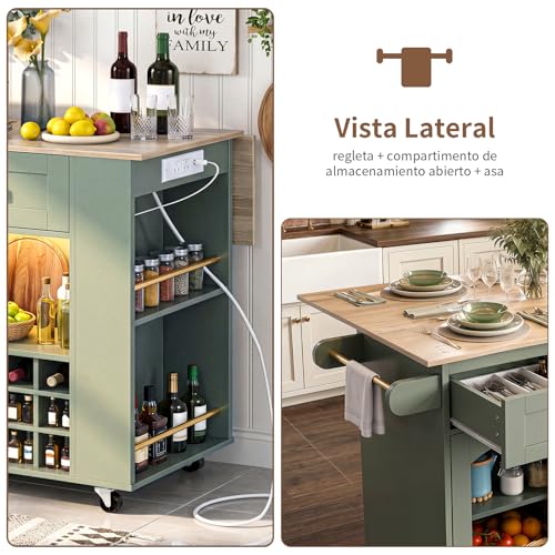 SIMPLE ESPACIO Isla de Cocina,Isla Cocina Está Equipada con una Mesa Plegable,Enchufes y Tiras de Luces,un Botellero y un Estante para Condimentos,Armarios y Cajones,Asas y Ruedas(Blanco-Verde)