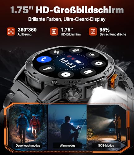 Smartwatch Men's Military 1000 mAh Battery/1.75 Inch HD Large Display, Smartwatch with Torch/Bluetooth Calls/130+ Sports Modes, IP68 Waterproof Fitness Watch with Heart Rate/Sleep Monitor, for Android iOS