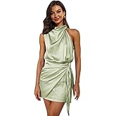 Plustrong Women's Summer Satin Dress Short Formal Sleeveless Mock Neck Tie Waist Cocktail Party Dresses