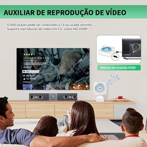100-220V, Leitor de CD/DVD Multifuncional, CD Player Portatil, Suporta Saída HDMI HD 1080P, DVD Player HDMI, Alto-Falantes Integrados