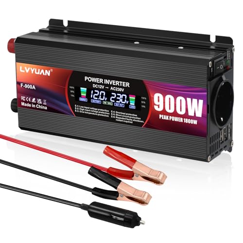 LVYUAN Inverter 12V 230V 900W Voltage Converter with EU Plugs, 2 USB, Alligator Clip, Cigarette Lighter and LCD Display Inverter Peak 1800W