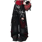 Xojbzoo Y2K Distressed High Waist Loose Wide Leg Jeans | Retro black washed denim, relaxed fit, frayed hem, metal eyelets, skeletal embroidery, daily streetwear