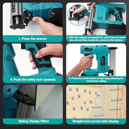 Clavadora Inalámbrica para Muebles con 100 Clavos de Código N y 100 Clavos Rectos, 21V Clavadora Eléctrica Inalámbrica para Carpintería Herramientas de Clavado para Instalación en el Hogar Industria