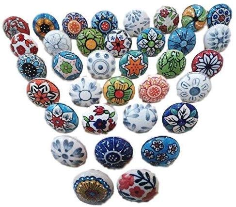 Decorative Knobs Round Flat Shape Hand Painted Ceramic Knob Cabinet Pull Assorted Lot of 20 Pieces