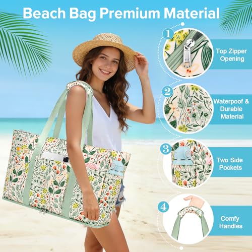 LUROON Large XXL Family Beach Bag with Zip, Waterproof, Women's Beach Bag, Foldable, Shopper, Beach Bag for Travel, Shopping, 50 x 35 x 20 cm, green