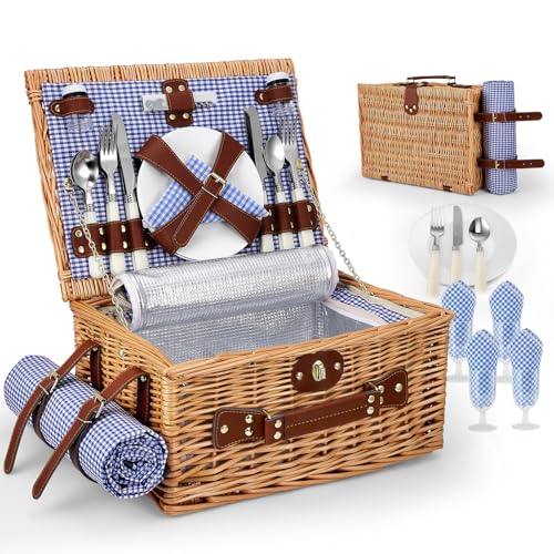 Wicker Picnic Basket for 4 People, Hand Braided Basket with Integrated Insulation and Waterproof Blanket - Complete Set with 4 Cutlery, Plates, Glasses for Camping Beach Garden
